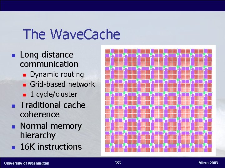 The Wave. Cache n Long distance communication n n n Dynamic routing Grid-based network