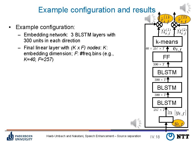 Example configuration and results • Example configuration: – Embedding network: 3 BLSTM layers with