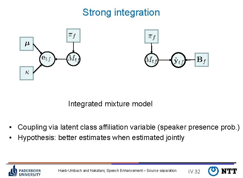 Strong integration Integrated mixture model • Coupling via latent class affiliation variable (speaker presence
