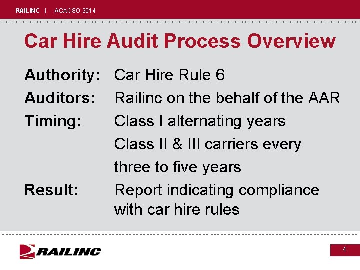 RAILINC I ACACSO 2014 +++++++++++++++++++++++++++++ Car Hire Audit Process Overview Authority: Car Hire Rule RAILINC I ACACSO 2014 +++++++++++++++++++++++++++++ Car Hire Audit Process Overview Authority: Car Hire Rule