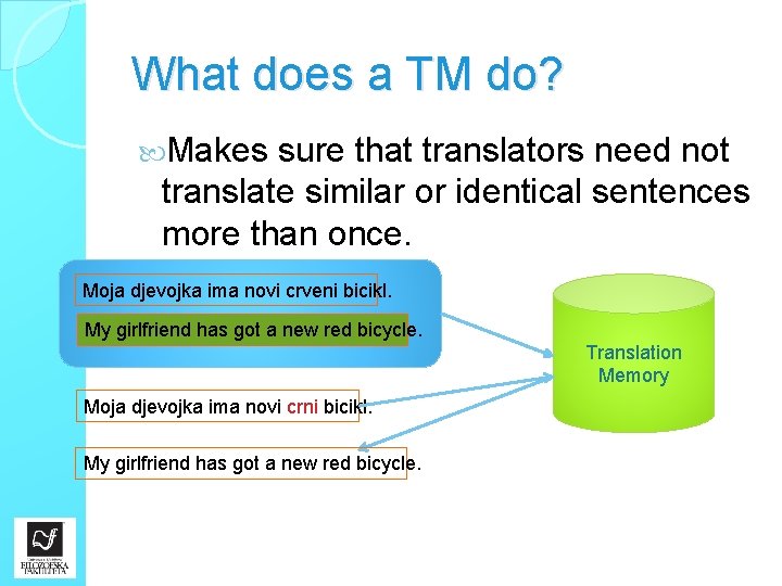 What does a TM do? Makes sure that translators need not translate similar or