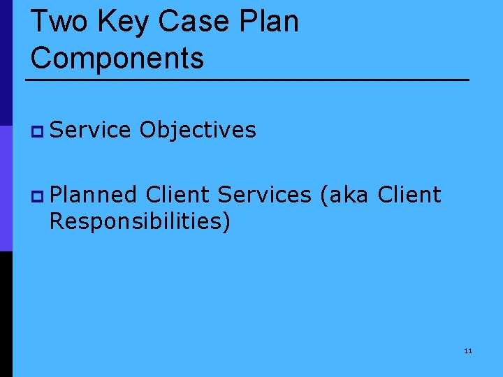 Two Key Case Plan Components p Service Objectives p Planned Client Services (aka Client