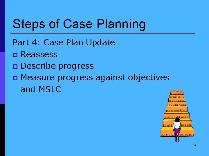 Steps of Case Planning Part 4: Case Plan Update p Reassess p Describe progress