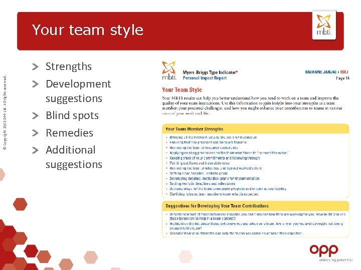 © Copyright 2013 OPP Ltd. All rights reserved. Your team style Strengths Development suggestions