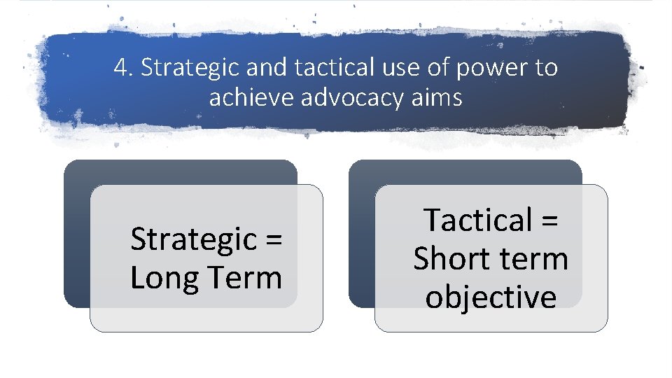 4. Strategic and tactical use of power to achieve advocacy aims Strategic = Long 4. Strategic and tactical use of power to achieve advocacy aims Strategic = Long