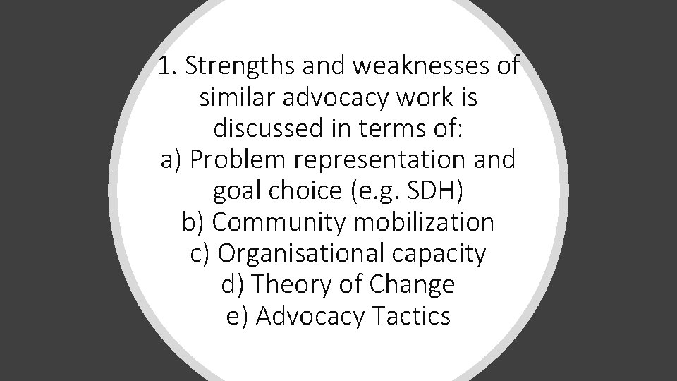 1. Strengths and weaknesses of similar advocacy work is discussed in terms of: a) 1. Strengths and weaknesses of similar advocacy work is discussed in terms of: a)