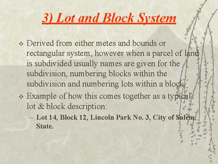 3) Lot and Block System v v Derived from either metes and bounds or