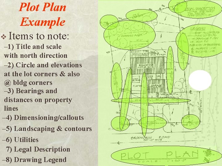 Plot Plan Example v Items to note: – 1) Title and scale with north