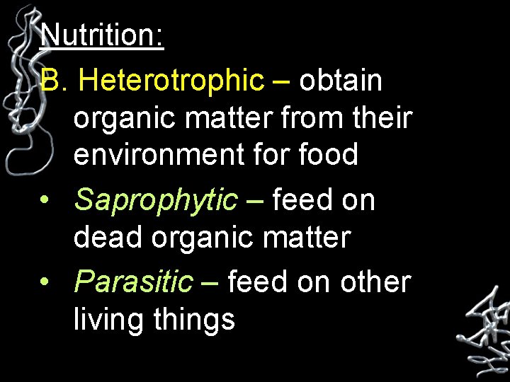 Nutrition: B. Heterotrophic – obtain organic matter from their environment for food • Saprophytic