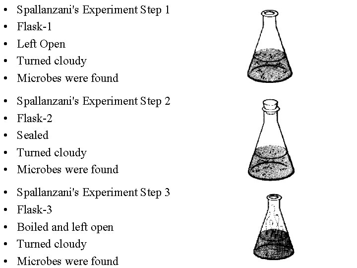  • • • Spallanzani's Experiment Step 1 Flask-1 Left Open Turned cloudy Microbes