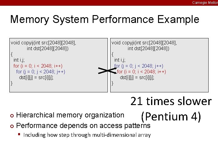 Carnegie Mellon Memory System Performance Example void copyij(int src[2048], int dst[2048]) { int i,