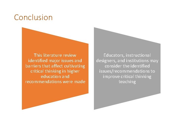 Conclusion This literature review identified major issues and barriers that affect cultivating critical thinking