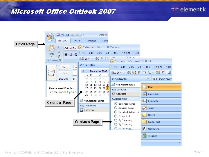 Microsoft Office Outlook 2007 Email Page Calendar Page Contacts Page Copyright © 2007 Element