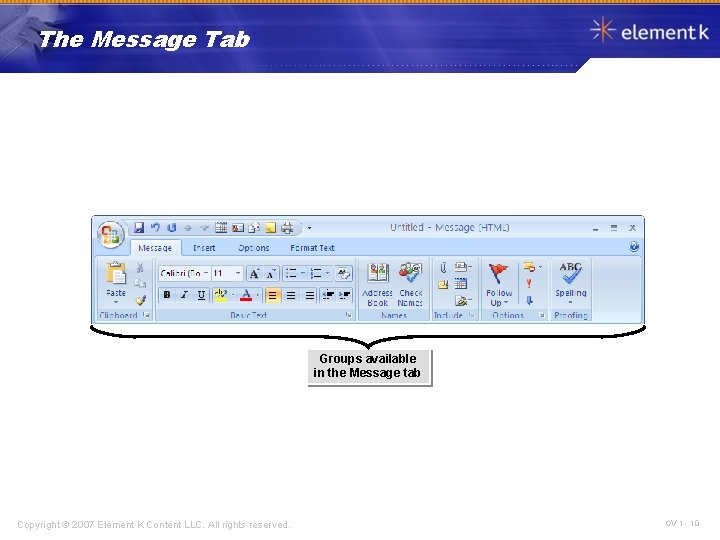 The Message Tab Groups available in the Message tab Copyright © 2007 Element K