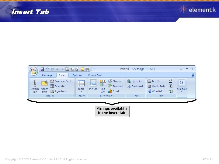 Insert Tab Groups available in the Insert tab Copyright © 2007 Element K Content