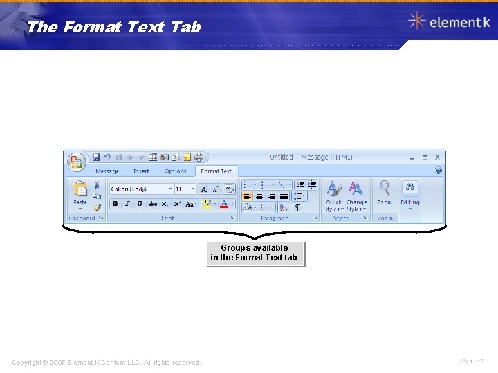 The Format Text Tab Groups available in the Format Text tab Copyright © 2007