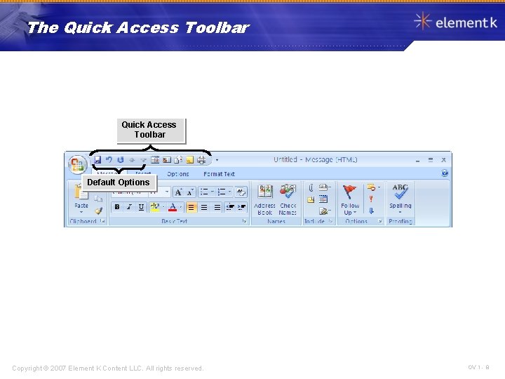 The Quick Access Toolbar Default Options Copyright © 2007 Element K Content LLC. All