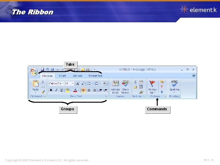 The Ribbon Tabs Groups Copyright © 2007 Element K Content LLC. All rights reserved.
