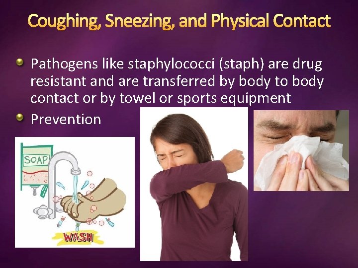 Coughing, Sneezing, and Physical Contact Pathogens like staphylococci (staph) are drug resistant and are