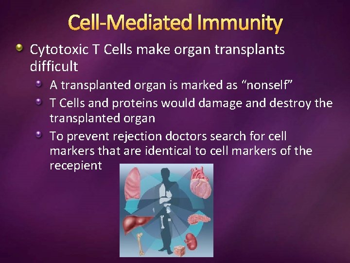 Cell-Mediated Immunity Cytotoxic T Cells make organ transplants difficult A transplanted organ is marked