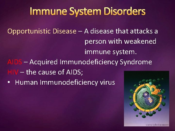 Immune System Disorders Opportunistic Disease – A disease that attacks a person with weakened