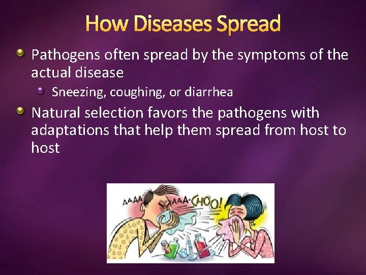 How Diseases Spread Pathogens often spread by the symptoms of the actual disease Sneezing,