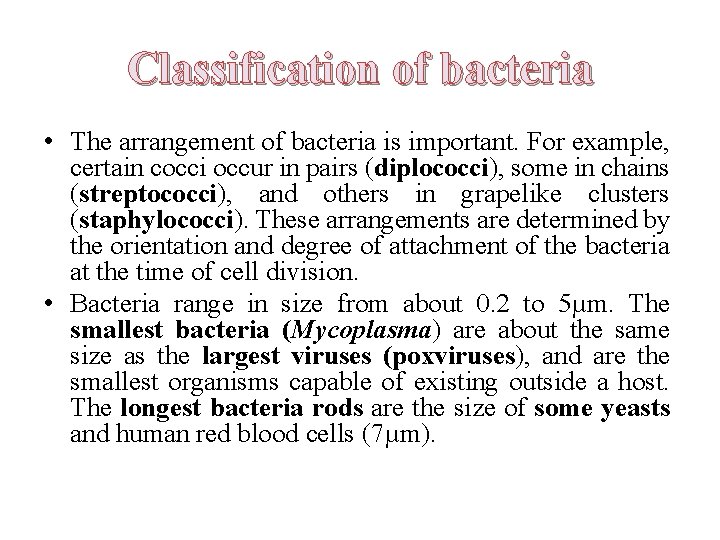 Classification of bacteria • The arrangement of bacteria is important. For example, certain cocci