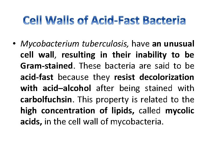  • Mycobacterium tuberculosis, have an unusual cell wall, resulting in their inability to