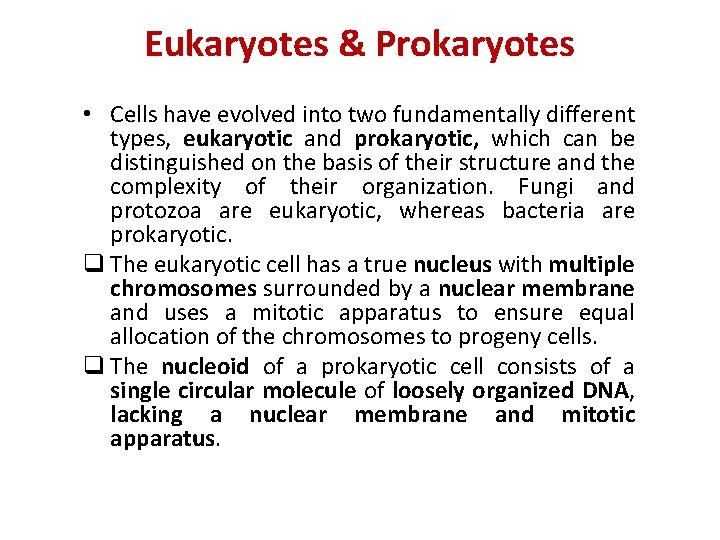 Eukaryotes & Prokaryotes • Cells have evolved into two fundamentally different types, eukaryotic and