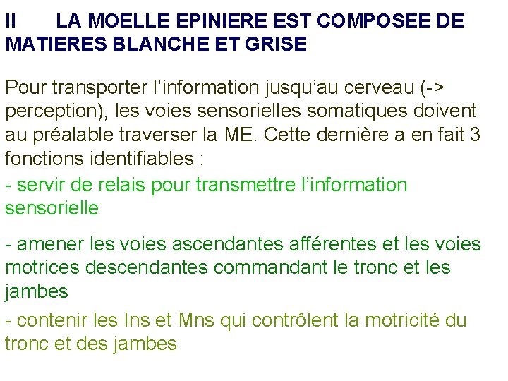 II LA MOELLE EPINIERE EST COMPOSEE DE MATIERES BLANCHE ET GRISE Pour transporter l’information