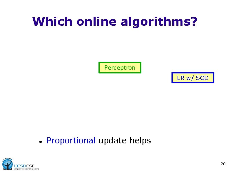 Which online algorithms? Perceptron LR w/ SGD Proportional update helps 20 Which online algorithms? Perceptron LR w/ SGD Proportional update helps 20