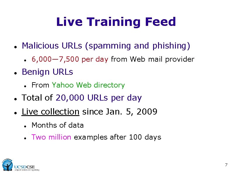 Live Training Feed Malicious URLs (spamming and phishing) 6, 000— 7, 500 per day