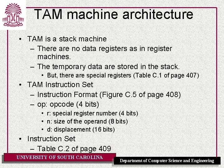 TAM machine architecture • TAM is a stack machine – There are no data