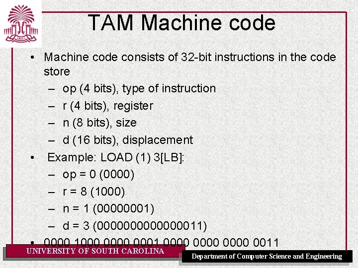 TAM Machine code • Machine code consists of 32 -bit instructions in the code