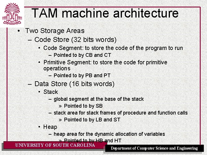 TAM machine architecture • Two Storage Areas – Code Store (32 bits words) •