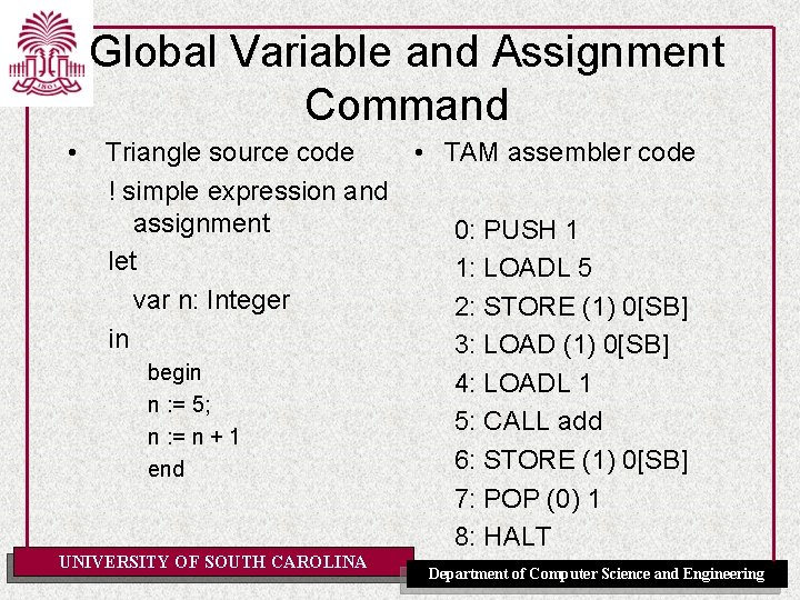 Global Variable and Assignment Command • Triangle source code • TAM assembler code !