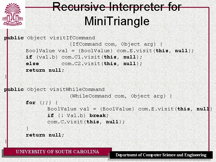 Recursive Interpreter for Mini. Triangle public Object visit. If. Command (If. Command com, Object