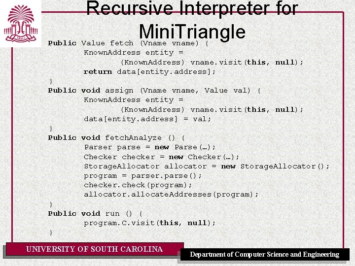 Recursive Interpreter for Mini. Triangle Public Value fetch (Vname vname) { Known. Address entity