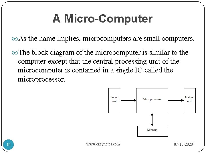 A Micro-Computer As the name implies, microcomputers are small computers. The block diagram of