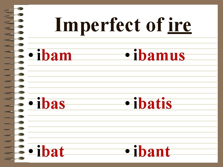 Imperfect of ire • ibamus • ibatis • ibat • ibant 