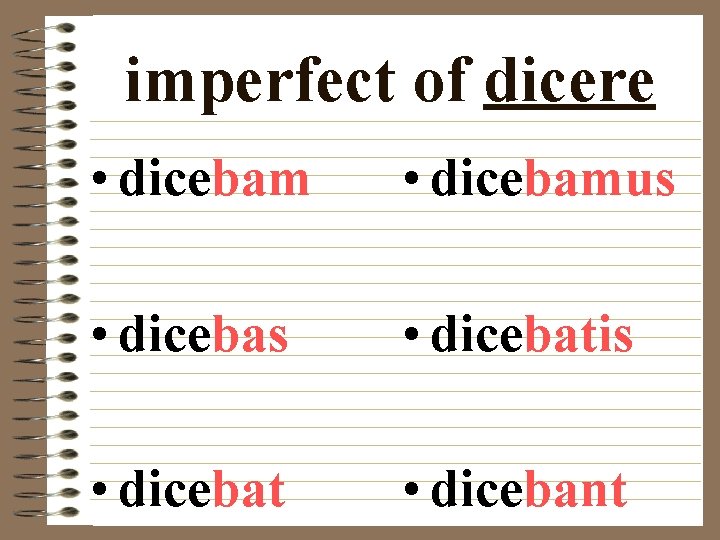 imperfect of dicere • dicebamus • dicebatis • dicebat • dicebant 