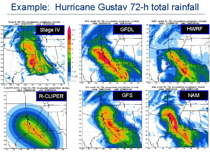 Example: Hurricane Gustav 72 -h total rainfall Stage IV GFDL HWRF R-CLIPER GFS NAM