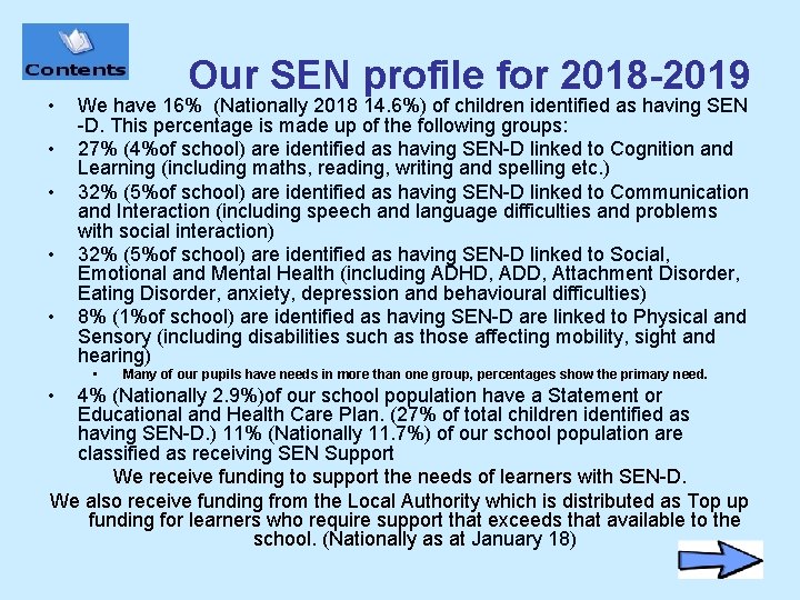  • • • Our SEN profile for 2018 -2019 We have 16% (Nationally