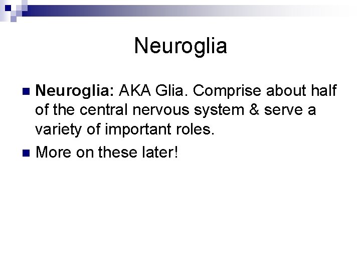 Neuroglia: AKA Glia. Comprise about half of the central nervous system & serve a