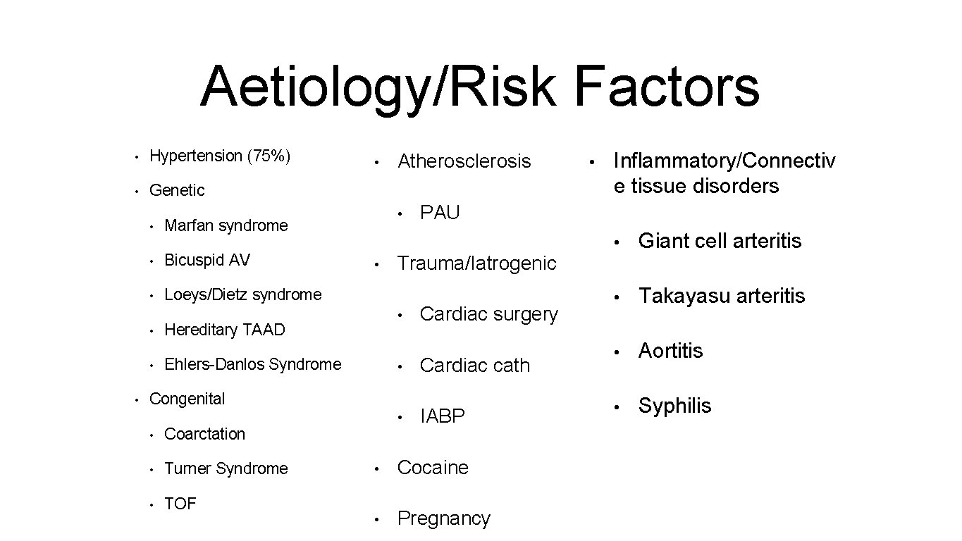 Aetiology/Risk Factors • Hypertension (75%) • Genetic • Bicuspid AV • Loeys/Dietz syndrome •