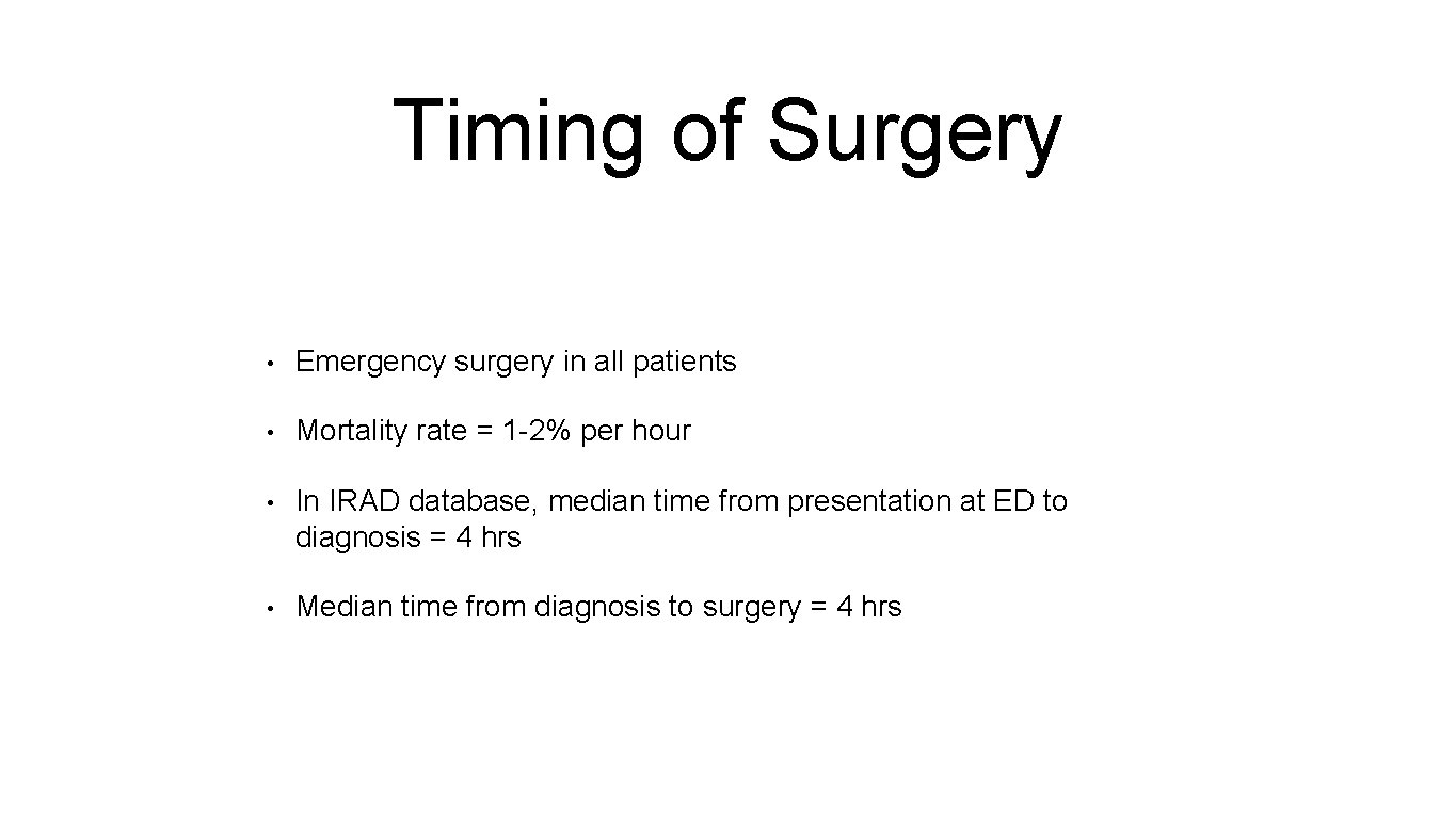 Timing of Surgery • Emergency surgery in all patients • Mortality rate = 1