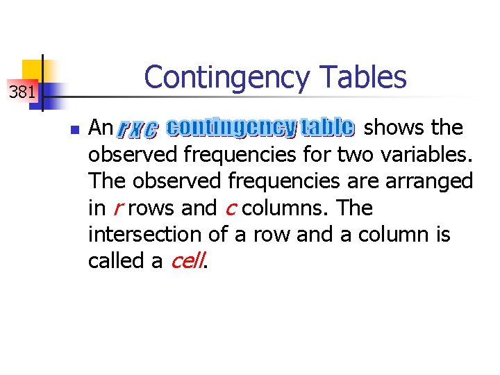 Contingency Tables 381 n An shows the observed frequencies for two variables. The observed