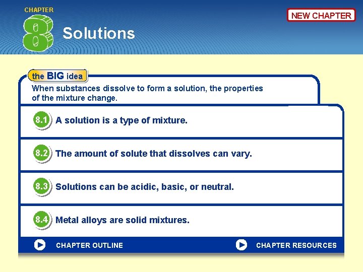 CHAPTER NEW CHAPTER Solutions the BIG idea When substances dissolve to form a solution,