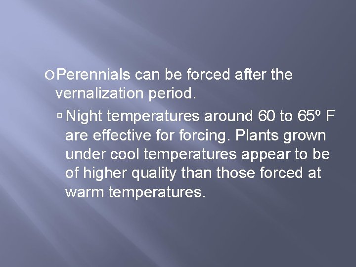  Perennials can be forced after the vernalization period. Night temperatures around 60 to