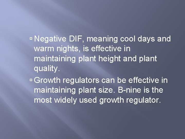  Negative DIF, meaning cool days and warm nights, is effective in maintaining plant